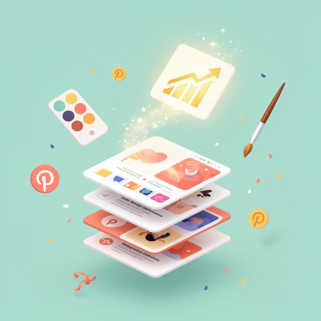 Stack of ad pin variants lifting upward with a sparkly upward chart, palette, and brush